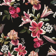 Floral seamless pattern with watercolor lilies, irises, rose and white apple blossom