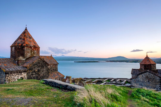 Sevanavank church on Lake Sevan at sunset, Sevan, Gegharkunik Province, Armenia