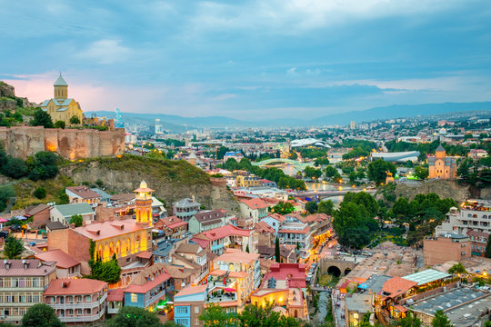 Narikala Fortress and historic buildings in Abanotubani bath district, Tbilisi, Georgia