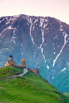 Gergeti Trinity Church at sunrise, Stepantsminda, Mtskheta-Mtianeti, Georgia