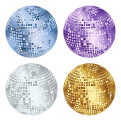 Disco ball isolated set illustration. Night Club party light element. Bright mirror golden ball design for disco dance club.