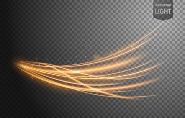 Abstract gold wavy line of light with a transparent background, isolated and easy to edit