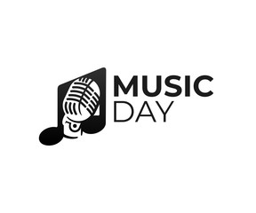 Music, musical note and retro microphone, logo design. Sound, melody and song, vector design and illustration