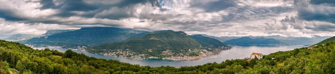 Fototapeta na wymiar Cloudy view of Kotor bay from Lustica peninsula, Montenegro.