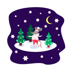 Cartoon character Rat in winter clothes stands on the snow among the Christmas trees. Card with a starry night and a forest. Cute mouse for printing on fabric or poster. Funny animal symbol of year