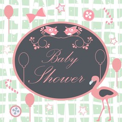 Baby Shower Card with Flamingo, birds, balloons, candy and stars