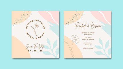 Elegant wedding invitation card template with abstract brush stroke and shapes water color Premium Vector