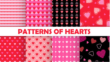 8 Heart shape vector seamless patterns.Valentines day background for invitation. 