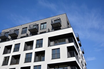 Modern and new apartment building. Multistoried, modern, new and stylish living block of flats.