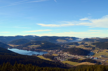 Blick auf den Titisee an einem sonnigen Wintertag