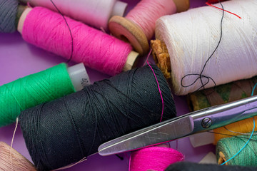 Multi-colored threads. Threads. Cotton. Sewing. Set for the seamstress.