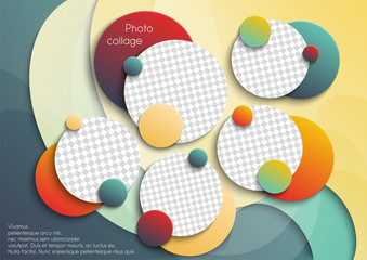 Template for photo collage or infographic in modern style. Frames for clipping masks are in the vector file. Template for a photo album with circle shapes frames and gradient