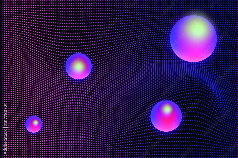 Poster laser grid with glowing neon spheres on dark background. vaporwave and synthwave style illustration.