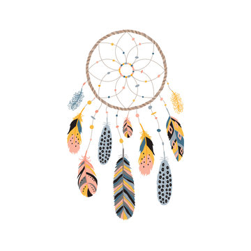 Dream catcher with feathers, jewels and colorful gemstones. Astrology, spirituality symbol. Ethnic tribal element.