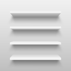 Realistic white wall shelf collection on abstract studio background. Empty store rack. Vector illustration.