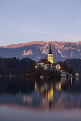 Fototapeta na wymiar Lake Bled and the small island in the middle at sunset, Bled, Slovenia