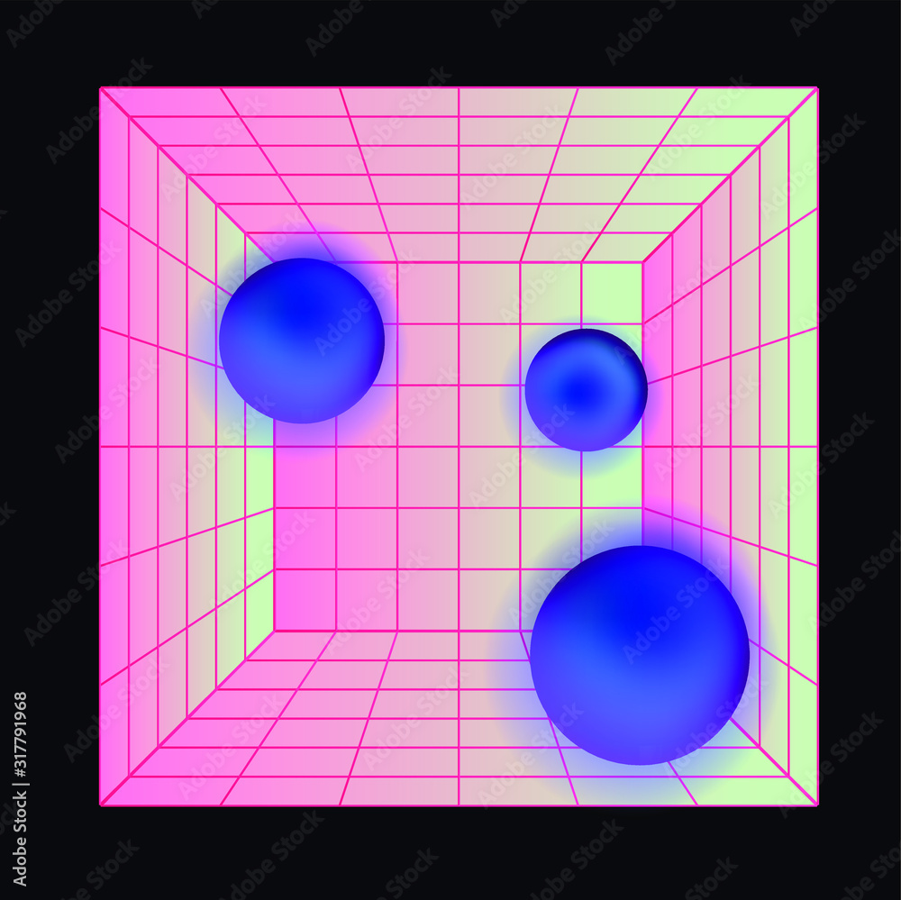 Poster laser grid with glowing neon spheres on dark background. vaporwave and synthwave style illustration.