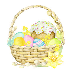 Watercolor, Easter concept, on an isolated background. Basket, Easter cake, willow branches, eggs, flowers.