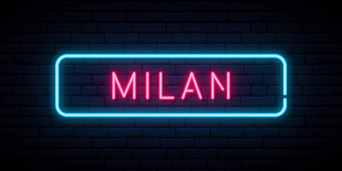 Milan neon sign. Bright light signboard. Vector banner.