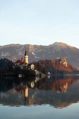 View of Lake Bled and the Church of Mary the Queen, located on a small island in the middle of the lake, Bled, Slovenia