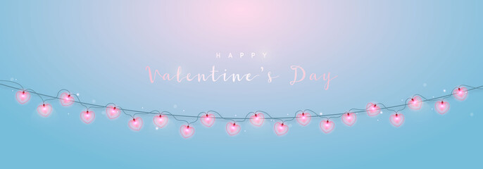 Valentine's day horizontal banner with glowing lights in formed hearts. Festive vector banner with lights garlands.