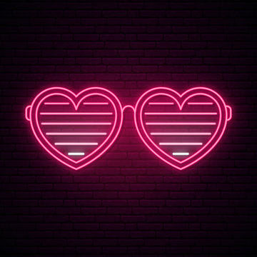 Neon shutter glasses in the shape of a heart. Bright sunglasses vector illustration in retro 80s style.