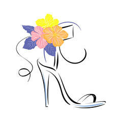 Fashion concept, shoes. shoe icon with a bouquet of flowers. drawing black contour sandals and bouquet of flowers isolated on white background