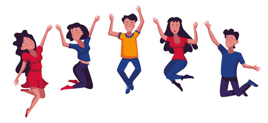 Flat cartoon illustration isolated on white background. Happy positive young men and women rejoicing together