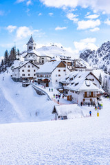 Monte Lussari little village covered with snow in Tarvisio, Friuli Venezia Giulia, Northern Italy.