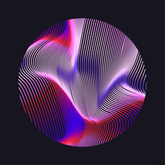 Illuminated holographic circle with glitched texture, wavy lines. Retrofuturistic illustration in 80s-90s Vaporwave, synthwave, retrowave style.