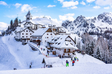 Monte Lussari little village covered with snow in Tarvisio, Friuli Venezia Giulia, Northern Italy.