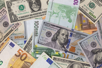 Closeup of dollar and euro banknotes 