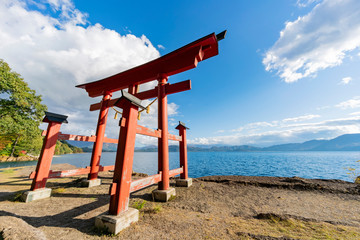 Morning view of the famous Gozanoishi Shrine