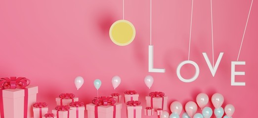 Pink gift box and Pink balloon on pastel background. Happy Valentine's Day. Love celebration concept.
