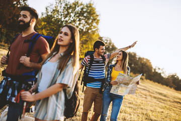 adventure, travel, tourism, hike and people concept - group of smiling friends walking with backpacks in nature