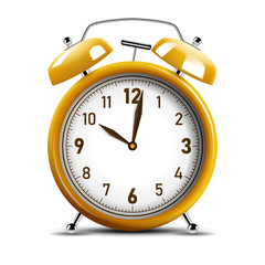 Realistic shiny yellow alarm clock. Vector Illustration