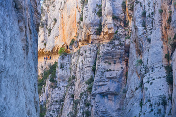 Path carved on the rock, Montrebei Gorge - Congost de Mont-rebei, Noguera Ribagorzana river, Montsec Range, The Pre-Pyrenees, Lleida, Catalonia, Spain, Europe