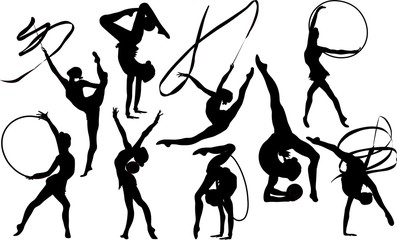 Set girl rhythmic gymnastics silhouette vector illustration. Training performance strength gymnastics. Championship workout rhythmic gymnastics beautiful character.Women Acrobatic Gymnastics