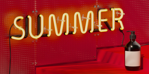 Cosmetic background for product sale event. White neon "summer" letter on translucent pattern panel and red step with shadow of leaf. 3d rendering illustration.
