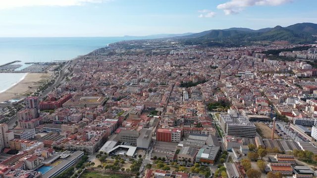 Aerial view of Mataro with buildings and coast line in the Spain