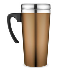 Thermo mug mockup. Travel coffee cup. Vacuum insulated metal flask with plastic handle for corporate branding. Shiny silver steel lid template for hot tea