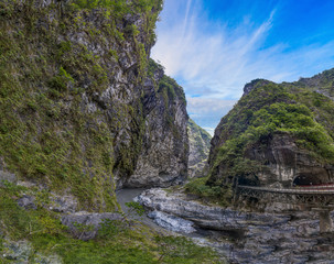 Panoramic picture of narrow Taroko gorge in the Taroko National Park on the island of Taiwan in summer