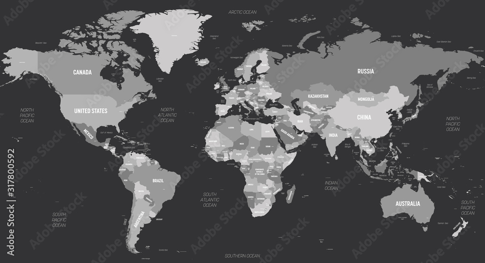 Wall mural world map - grey colored on dark background. high detailed political map of world with country, capi - Wall murals