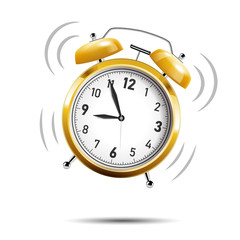 Realistic golden alarm clock ringing, isolated on white background. Vector Illustration