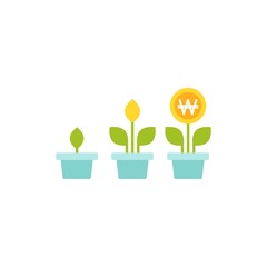 3 plant in pots with green leaves and korean won coin as a flower.