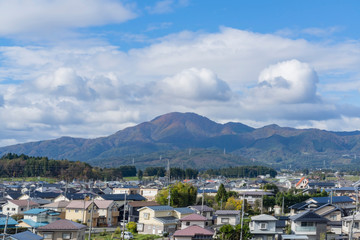 Morning high angle view of the rural cityscape near Sendai