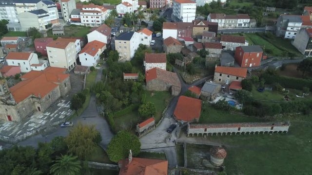 Aerial view of the biggest horreo or granary in the world located in Carnota, Spain,