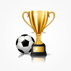 Realistic Golden Trophy with Soccer Ball, isolated on white background. Vector Illustration