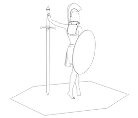  warrior woman character, 3D illustration, sketch, outline