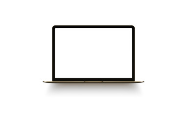 Gold laptop with blank computer screen on white background. Front view notebook mock up. The...